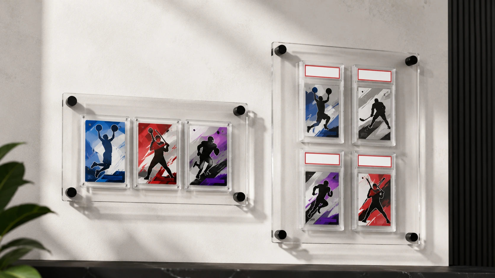 MACHASE clear acrylic trading card wall displays shown with example cards