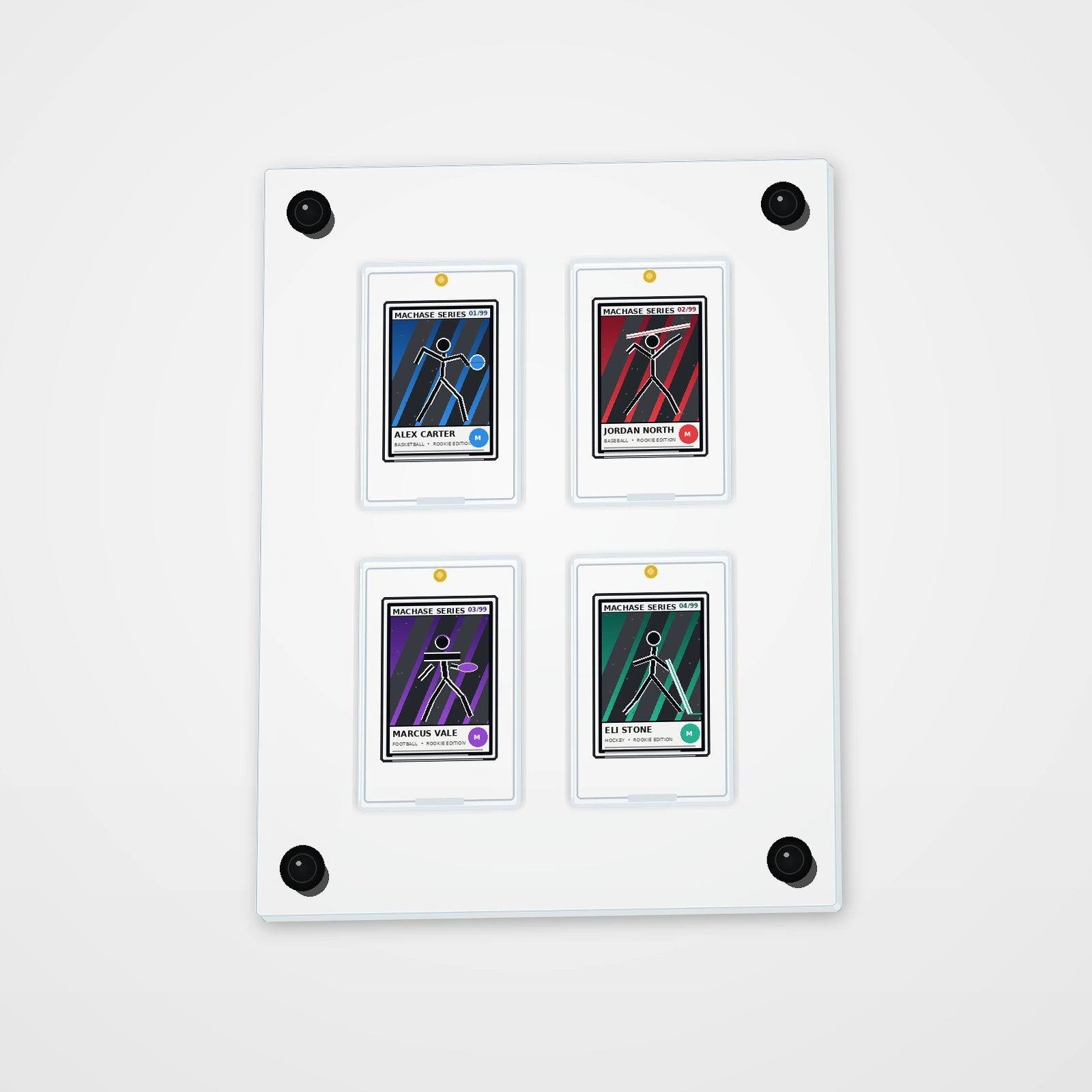 WALL/04 Four Card Grid clear acrylic wall display shown with example cards