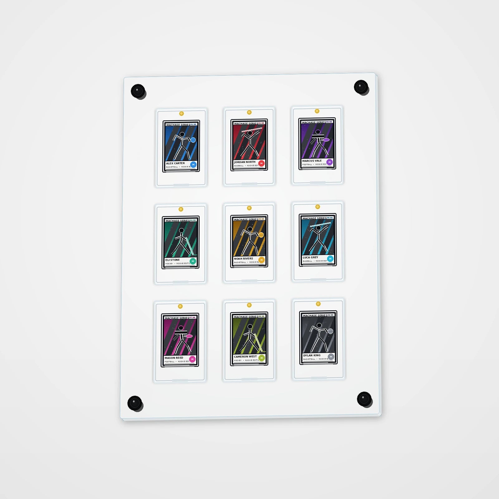 WALL/09 Nine Card Display clear acrylic wall display shown with example cards