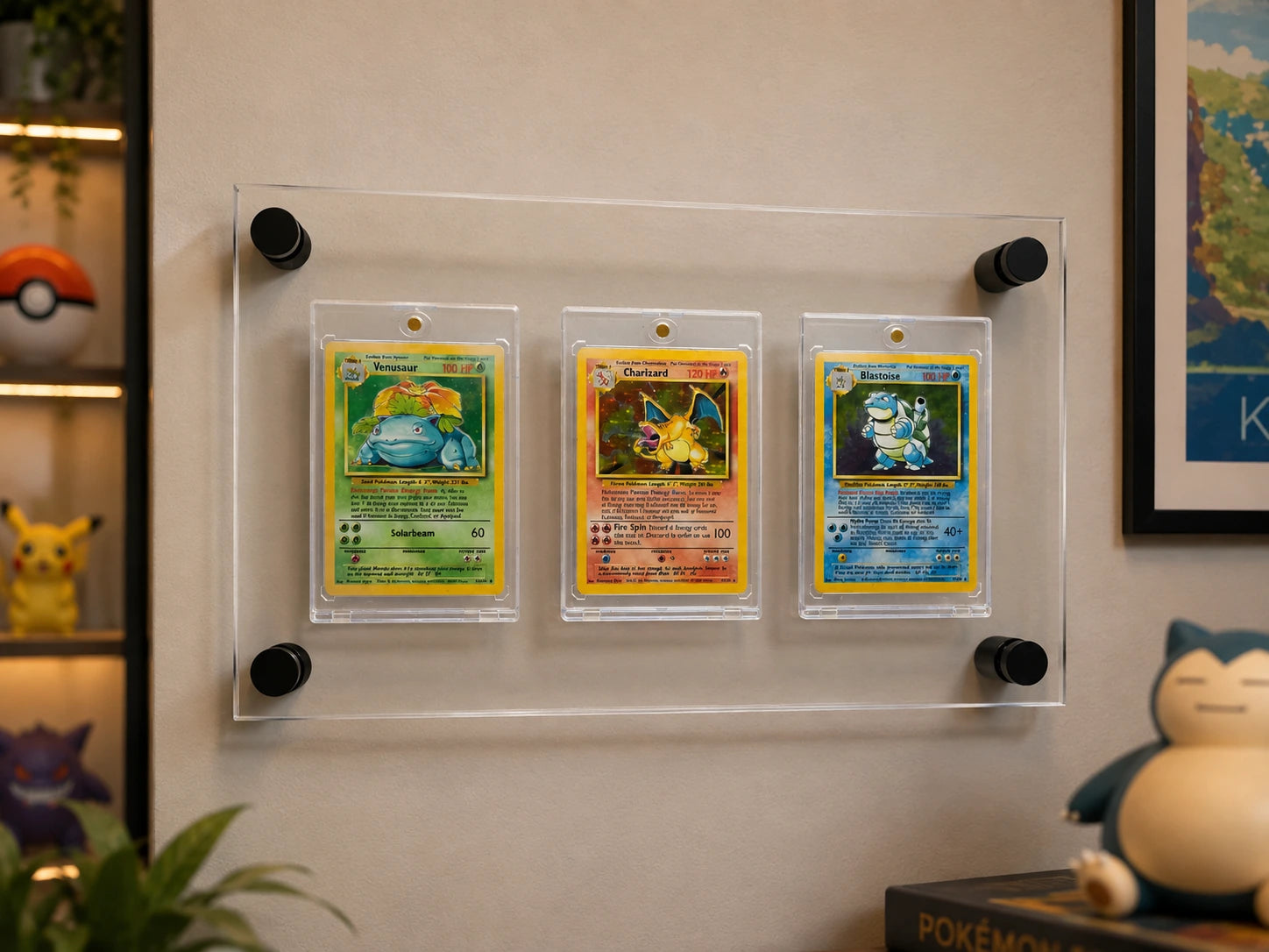 WALL/03 Three Card Horizontal clear acrylic wall display shown with example cards